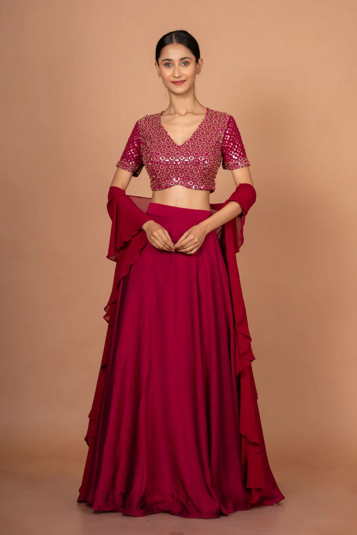 Dark Pink Designer Mirror Work Lehenga