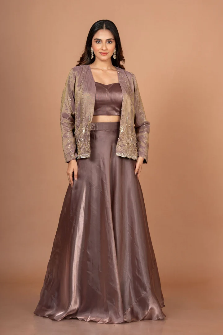Brown Tissue Lehenga Jacket Set With Beads And Cutdana Work