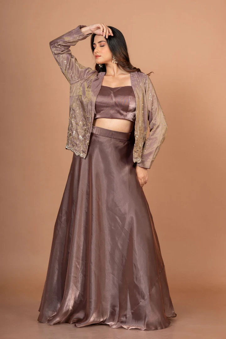 Brown Tissue Lehenga Jacket Set With Beads And Cutdana Work