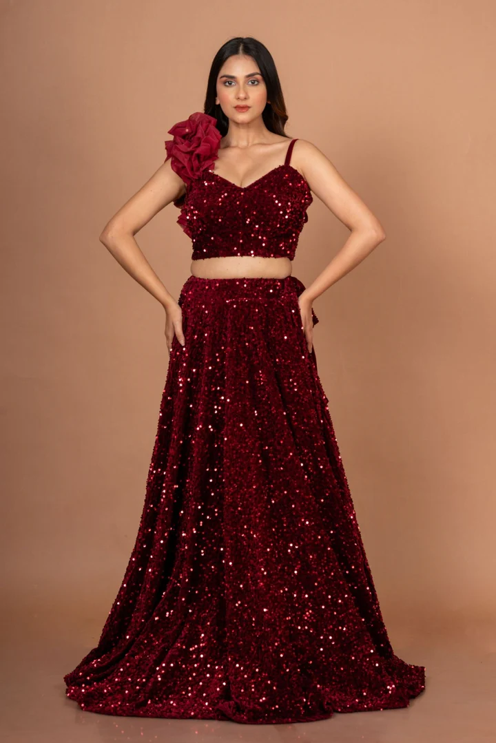 Maroon Sequin Designer Crop Top Lehenga Set