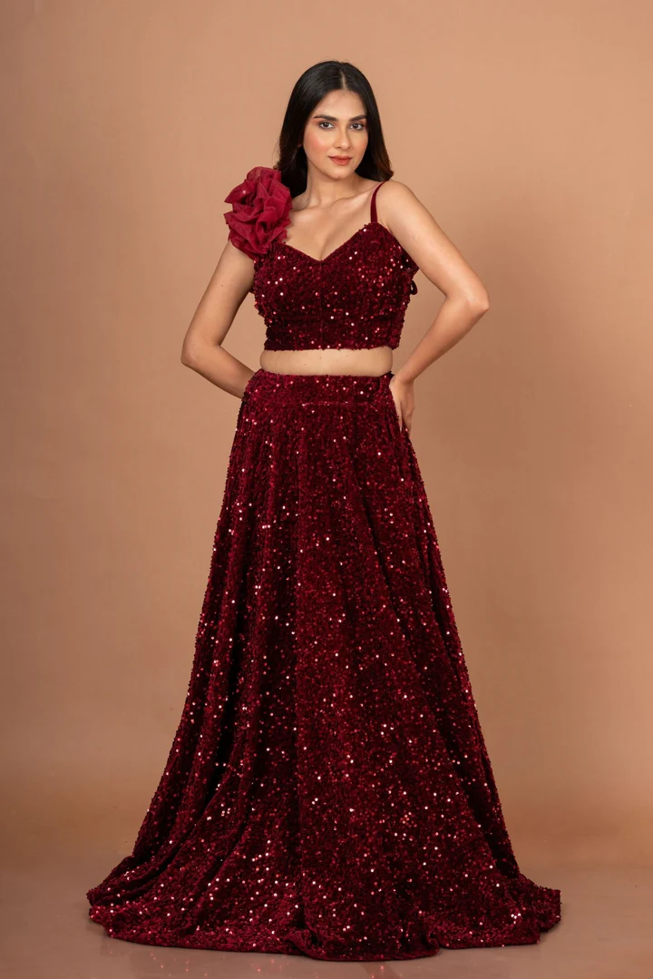 Maroon Sequin Designer Crop Top Lehenga Set