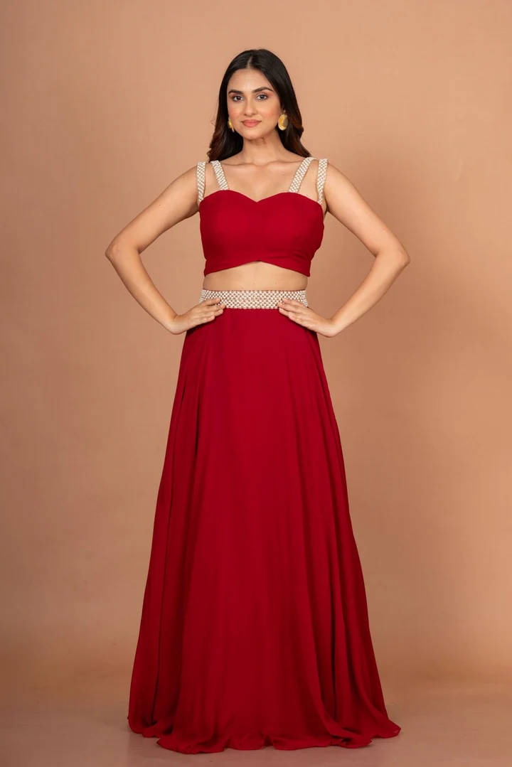 Maroon Designer Crop Top Georgette Lehenga