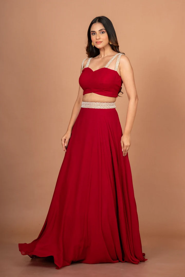 Maroon Designer Crop Top Georgette Lehenga