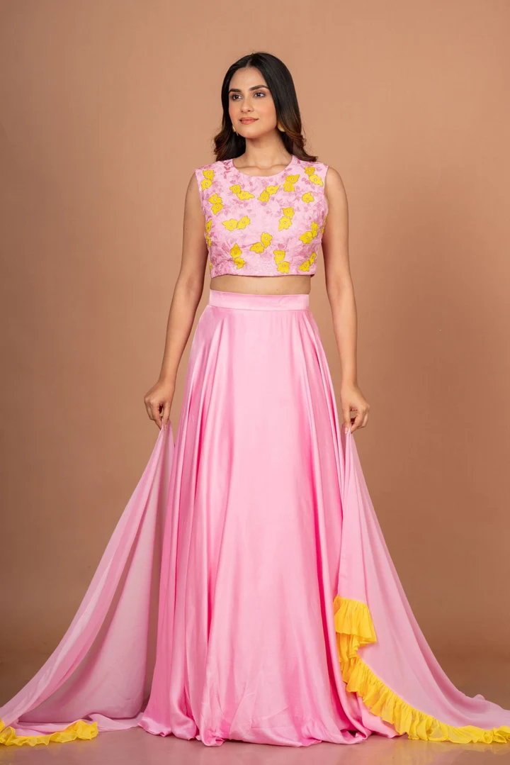 Pink Yellow Embroidered Silk Lehenga Set
