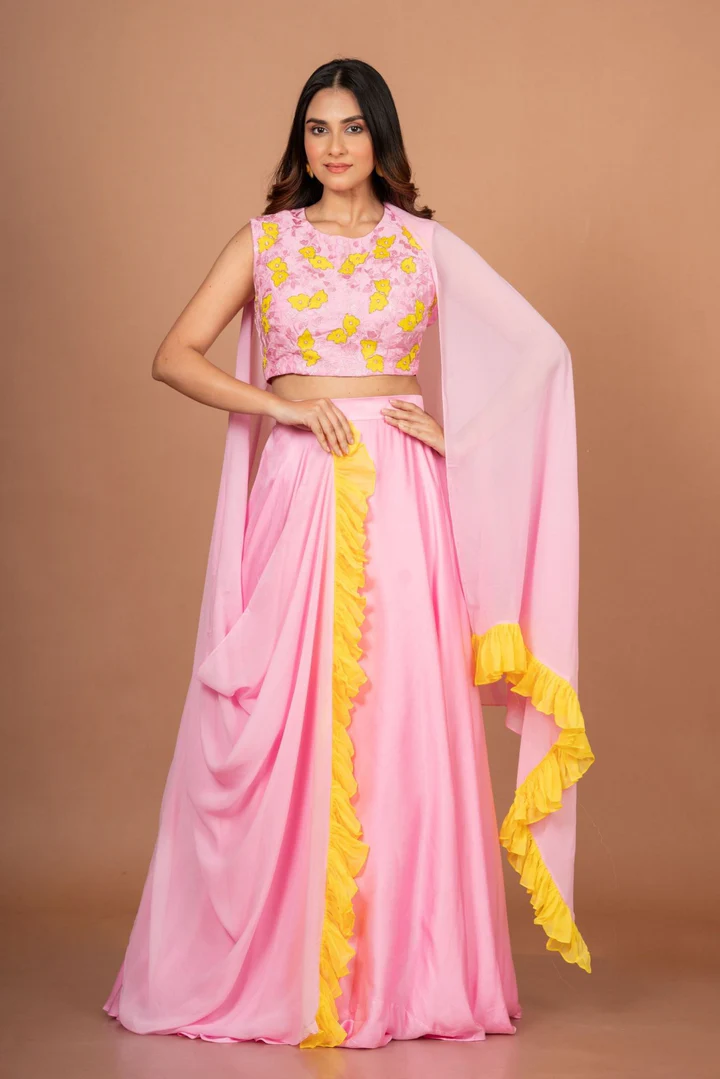 Pink Yellow Embroidered Silk Lehenga Set
