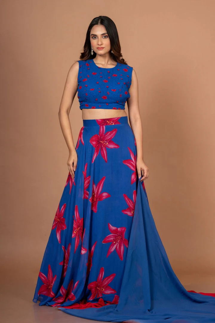 Blue Printed Georgette Lehenga Set