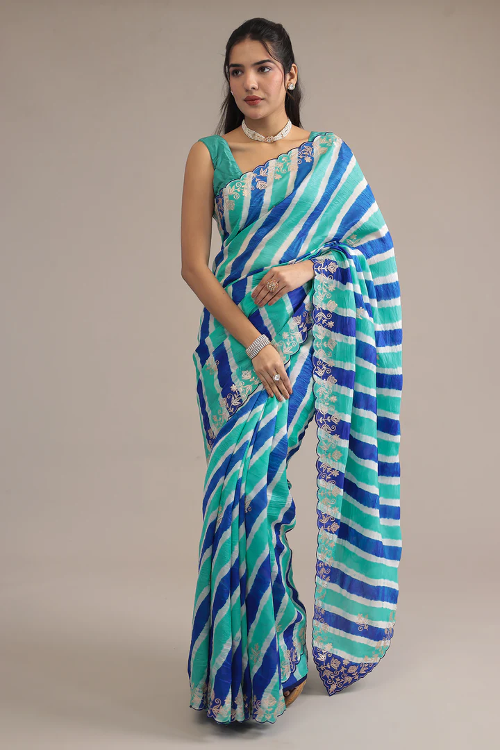 Light Blue Leheriya Tussar Silk Saree with Aari work