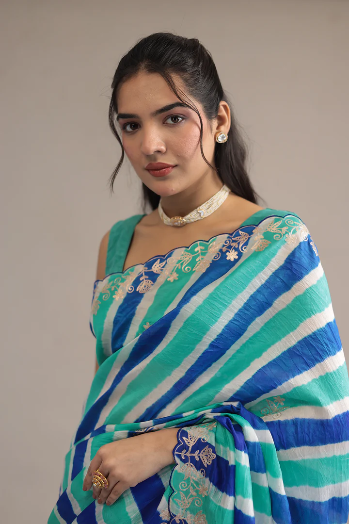 Light Blue Leheriya Tussar Silk Saree with Aari work