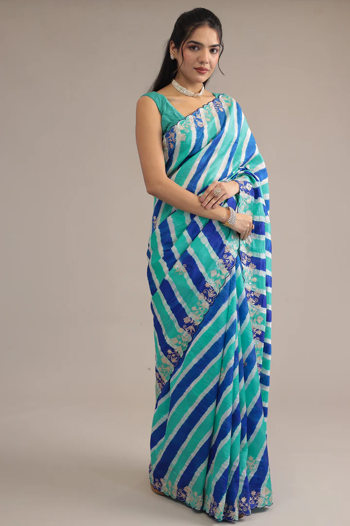 Light Blue Leheriya Tussar Silk Saree with Aari work