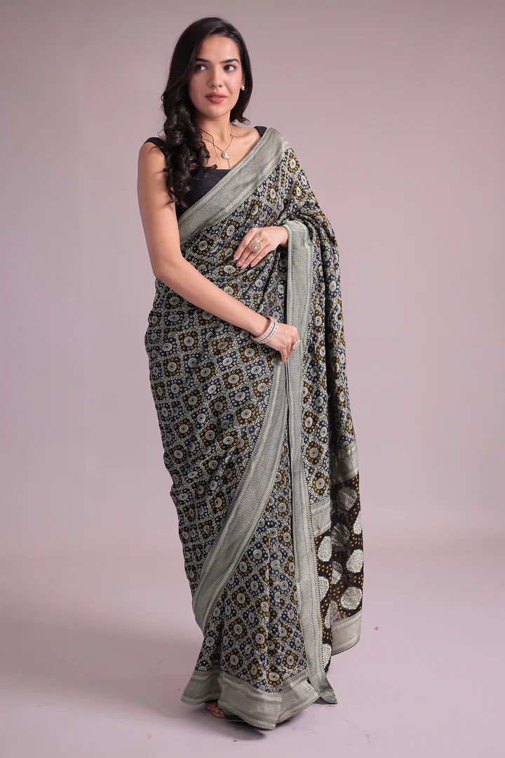 Black Power loom Bandhej Look Saree