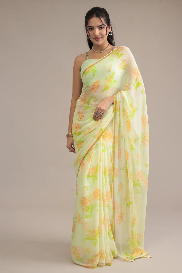 Cream Printed Chiffon Saree with Zari Border work