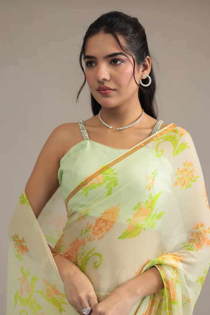 Cream Printed Chiffon Saree with Zari Border work