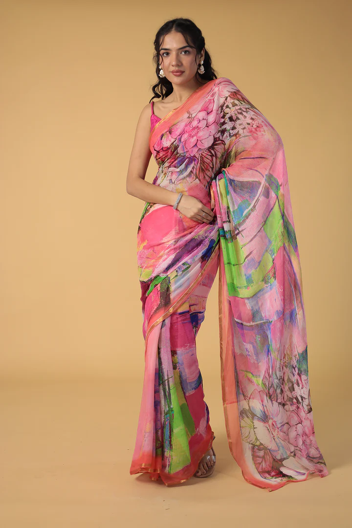 Floral Printed Chiffon Saree