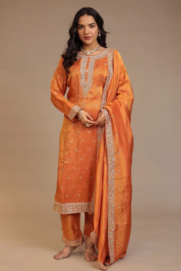 Tissue shimmer silk Suit with Aari, Sequins, Zardozi work