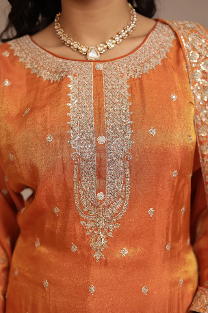 Tissue shimmer silk Suit with Aari, Sequins, Zardozi work