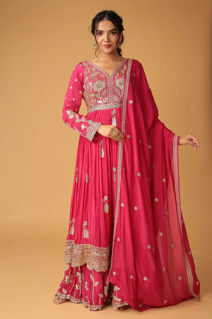Chinon Sharara Silk Suit Embellished with Aari, Sequins work