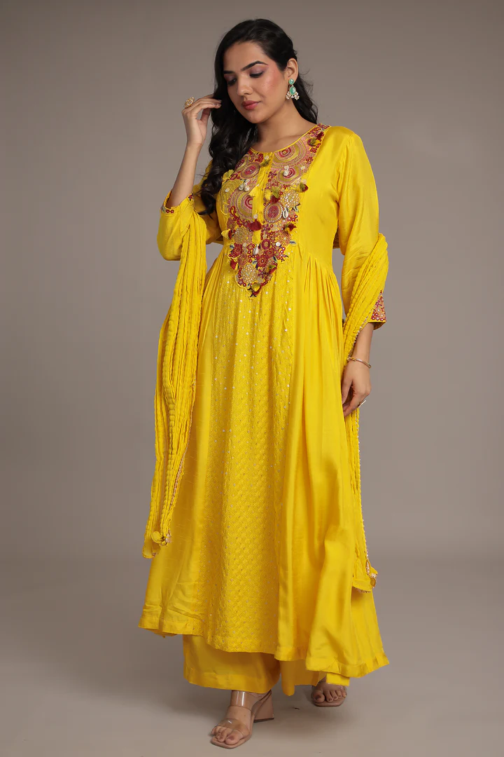Anarkali Russian Silk Suit with Sequins and Thread work