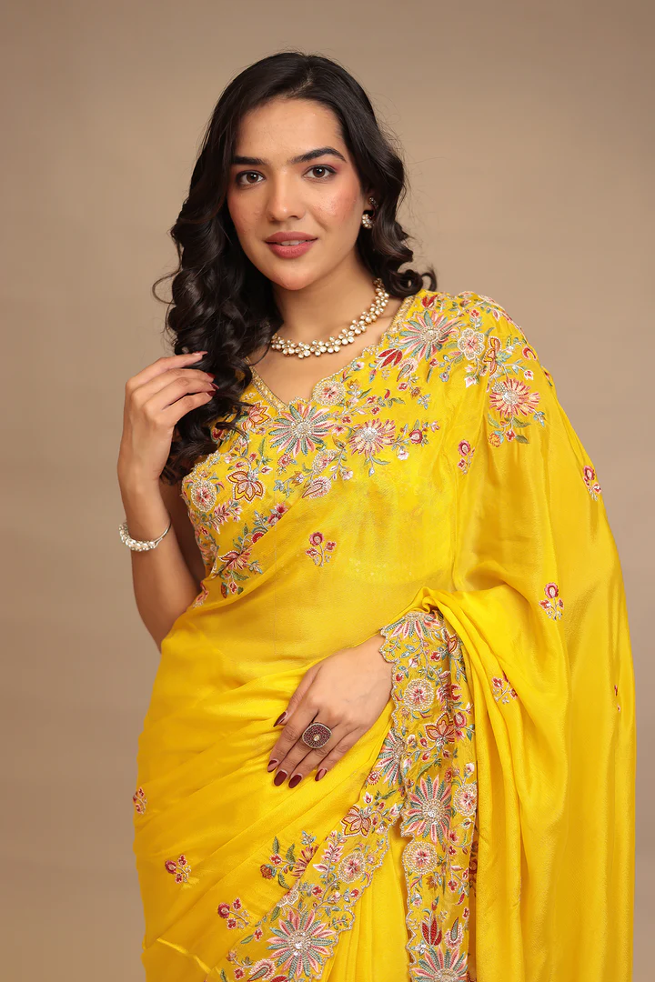 Chinon Saree with Sequins, Thread and Zari work