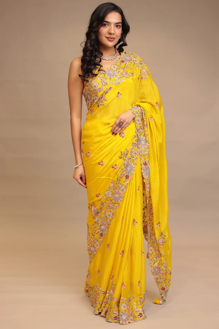 Chinon Saree with Sequins, Thread and Zari work