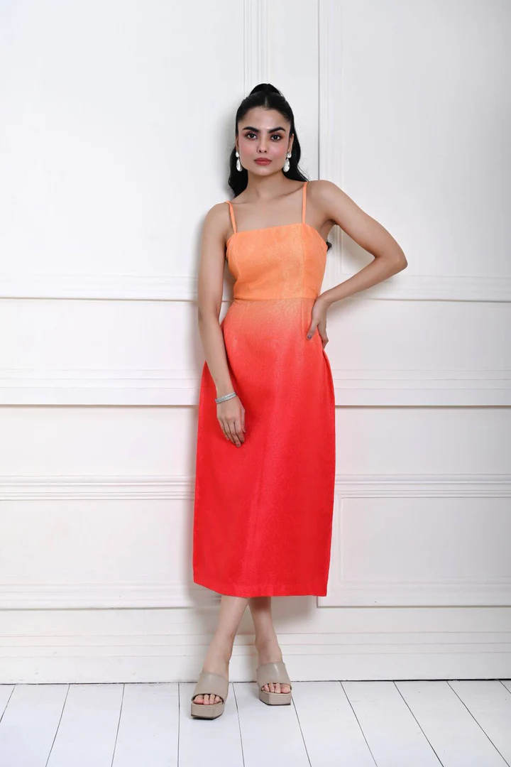 Peach and Pink Ombre Midi Dress with Spaghetti Straps