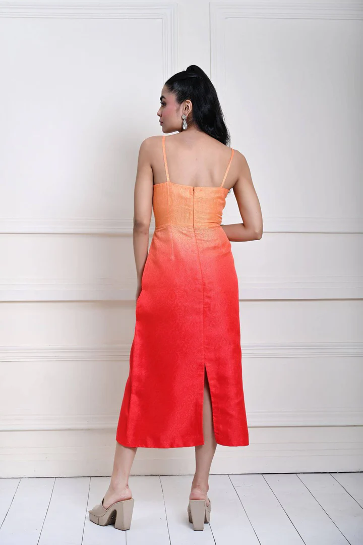 Peach and Pink Ombre Midi Dress with Spaghetti Straps